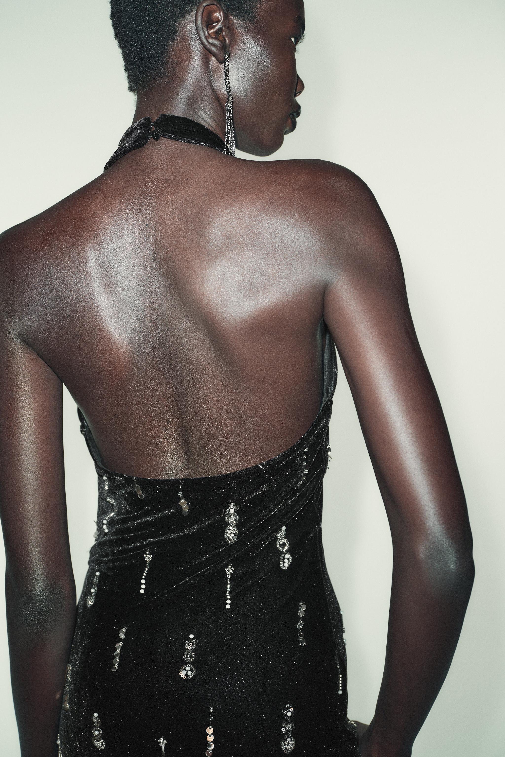 BEADED VELVET MIDI DRESS